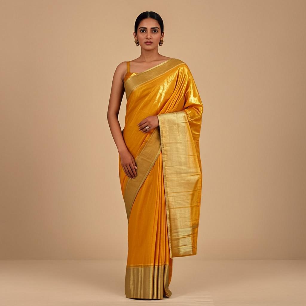 Sunlit Drape Saree - Front view on model - Urbanstyra