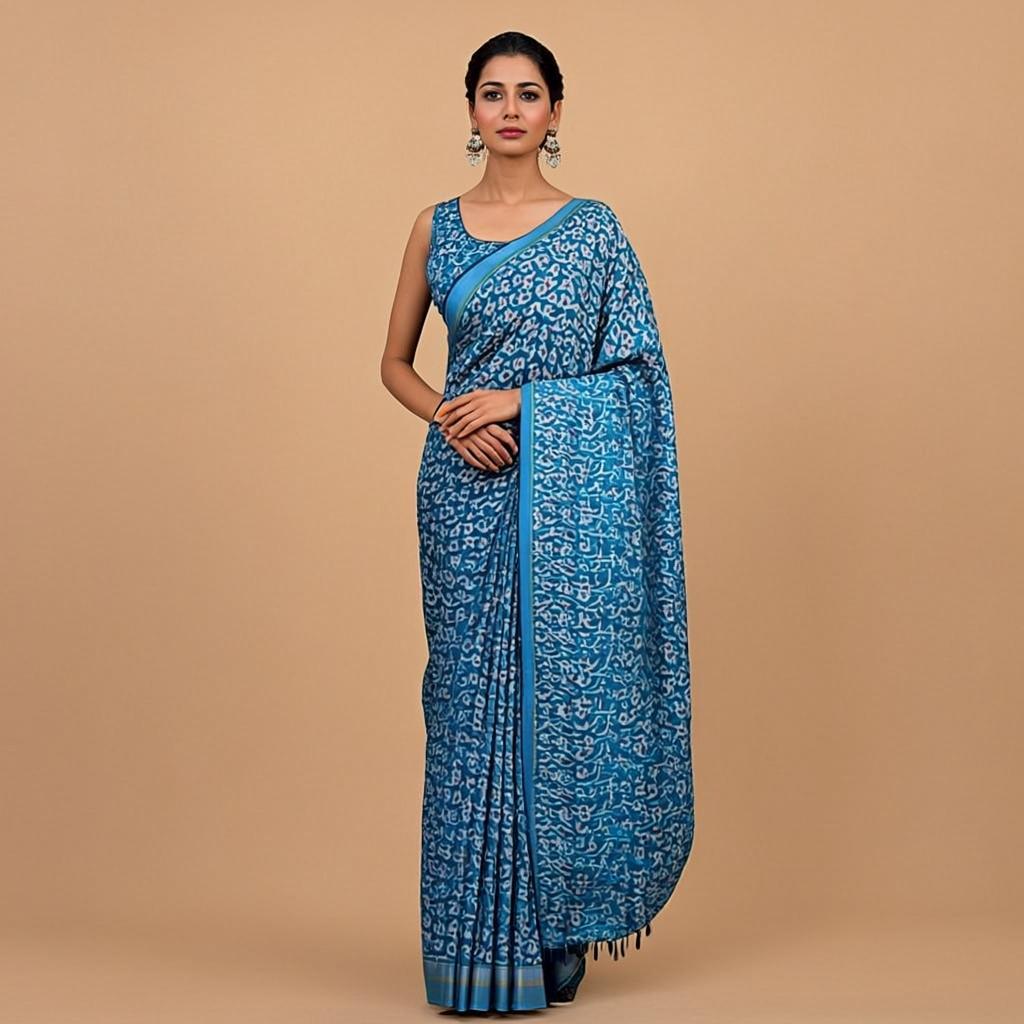 Sky Whisper Saree - Front view on model - Urbanstyra
