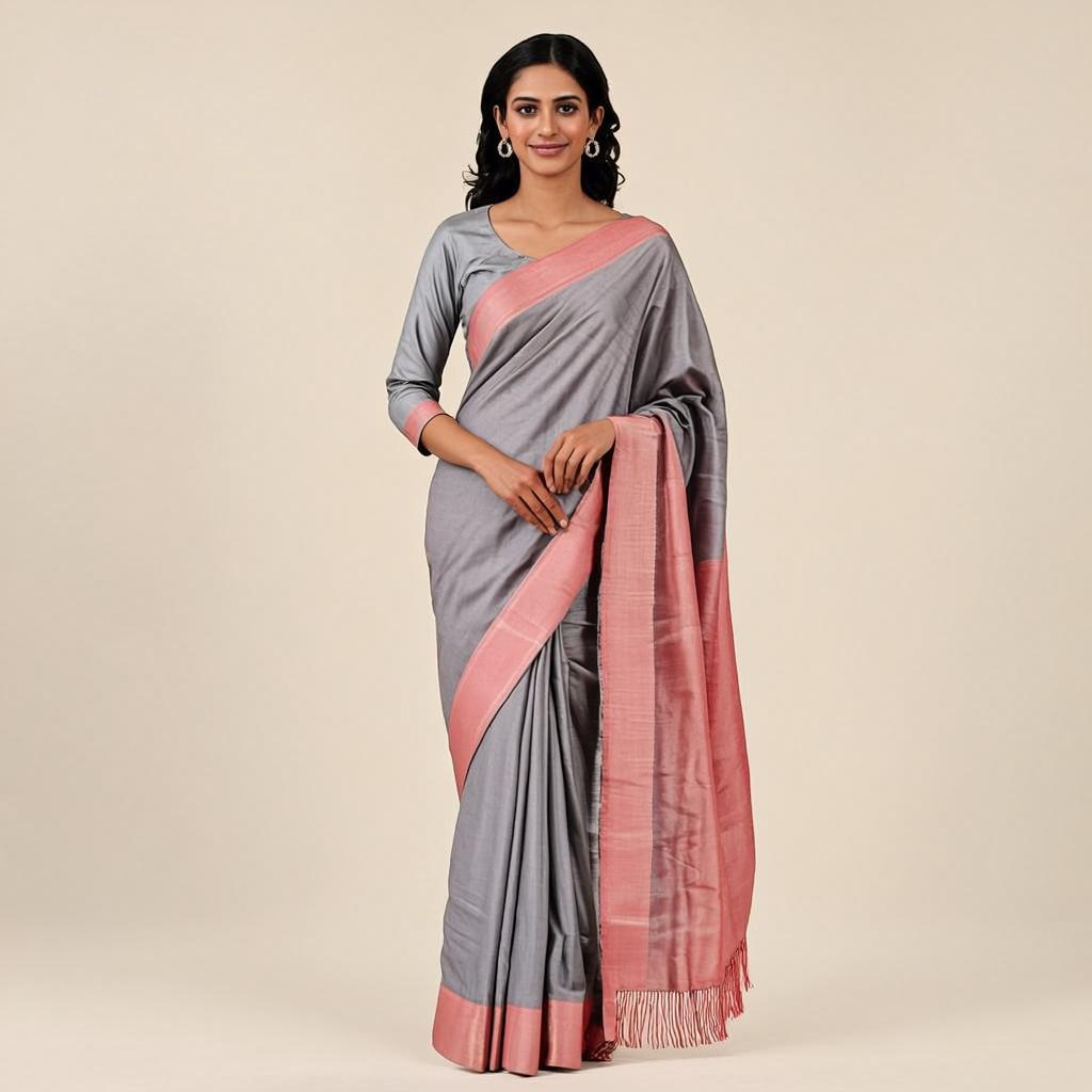 Rose Quartz Saree - Front view on model - Urbanstyra