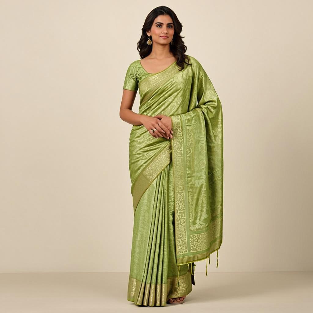 Mehendi Haze Saree - Front view on model - Urbanstyra