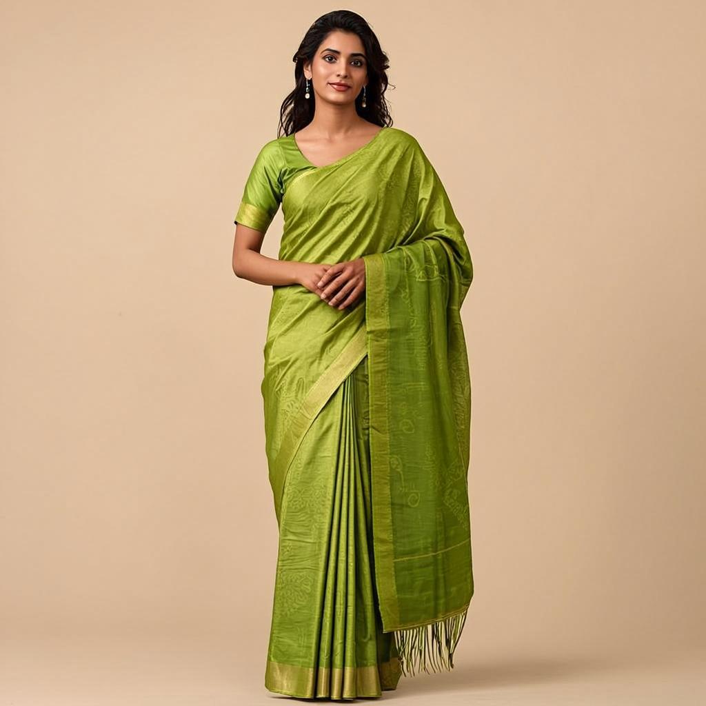 Tulsi Green Saree - Front view on model - Urbanstyra