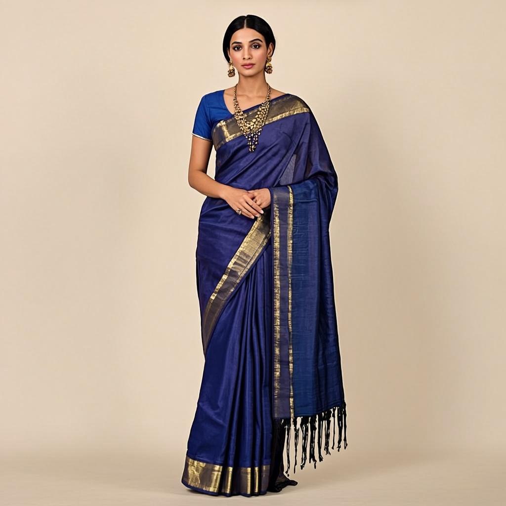 Indigo Poetry Saree - Front view on model - Urbanstyra