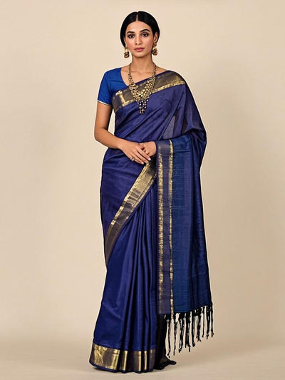Indigo Poetry Saree - Front view on model - Urbanstyra