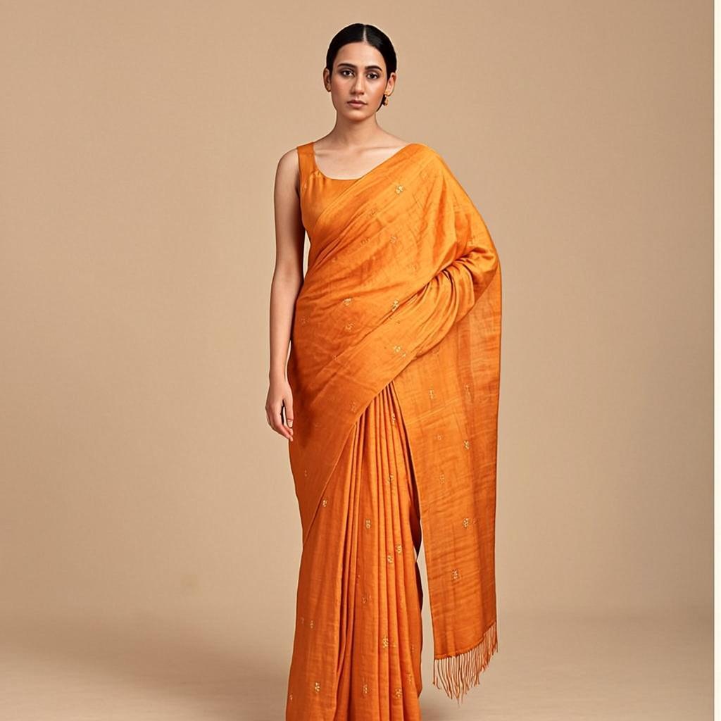Marigold Morning Saree - Front view on model - Urbanstyra