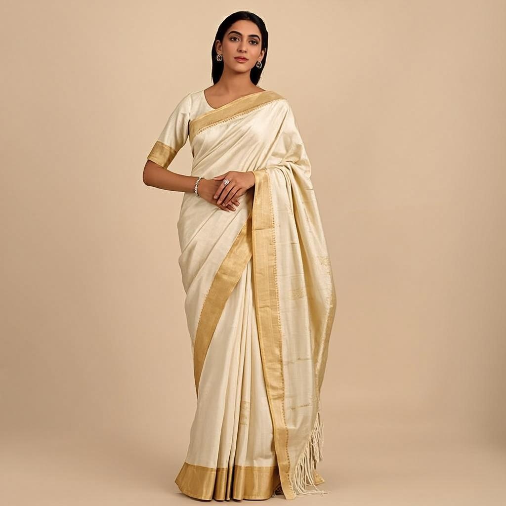 Ivory Sands Saree - Front view on model - Urbanstyra