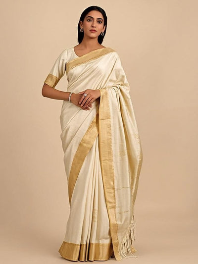 Ivory Sands Saree - Front view on model - Urbanstyra